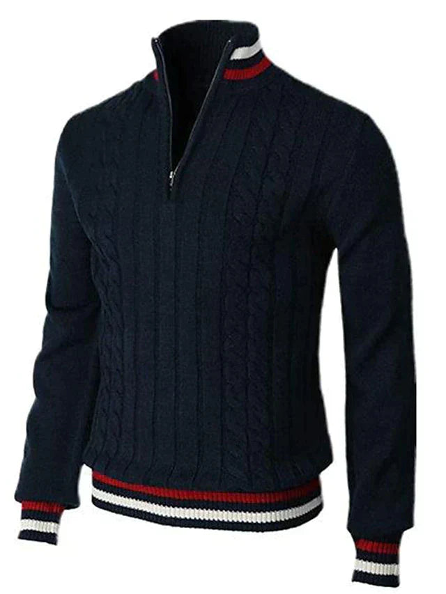 Herrenpullover mit Viertelreißverschluss | Zopfmuster | Gestrickt | Polopullover | Pullover mit halbem Reißverschluss für Herren-Dunkelblau-S-Chaps Herrenmode