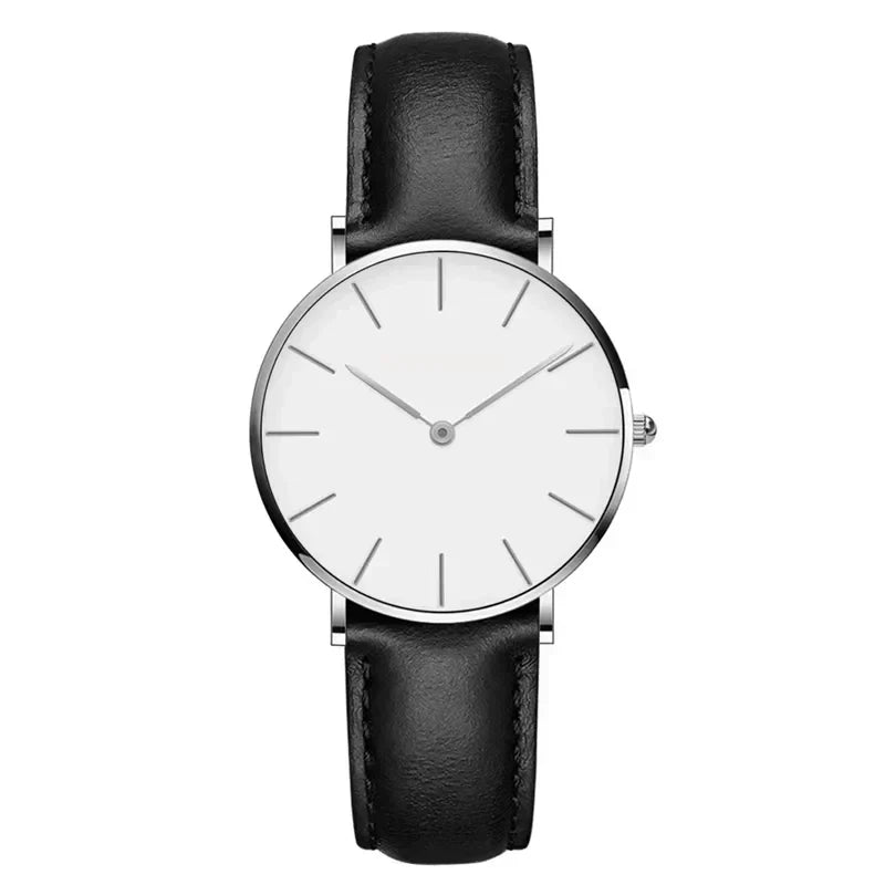 Frauen-Uhr Rund Minimalistisch Lederarmband Schwarz