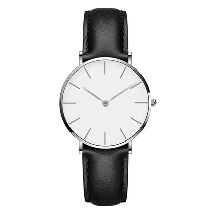 Frauen-Uhr Rund Minimalistisch Lederarmband Schwarz