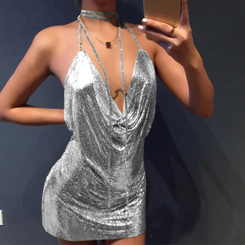 Mini Kleid Rückenfrei Metallisch Glitzer