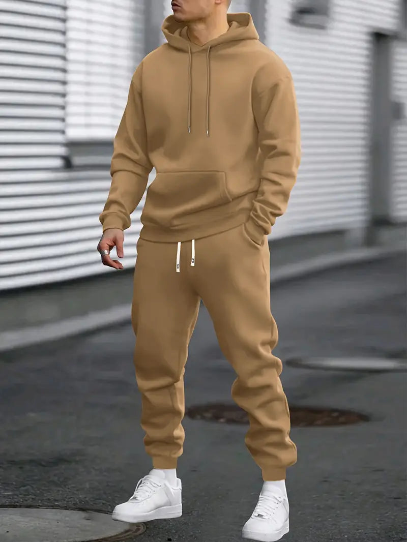 Hoodie und Jogginghose Set – Bequemer zweiteiliger Trainingsanzug für Herren-Khaki-S-Chaps Herrenmode