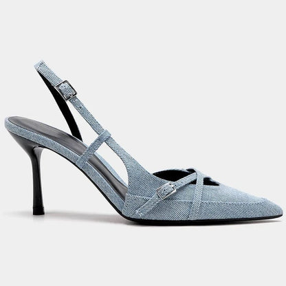Spitzer Pumps Damen Schuhe Blau Denim High Heel