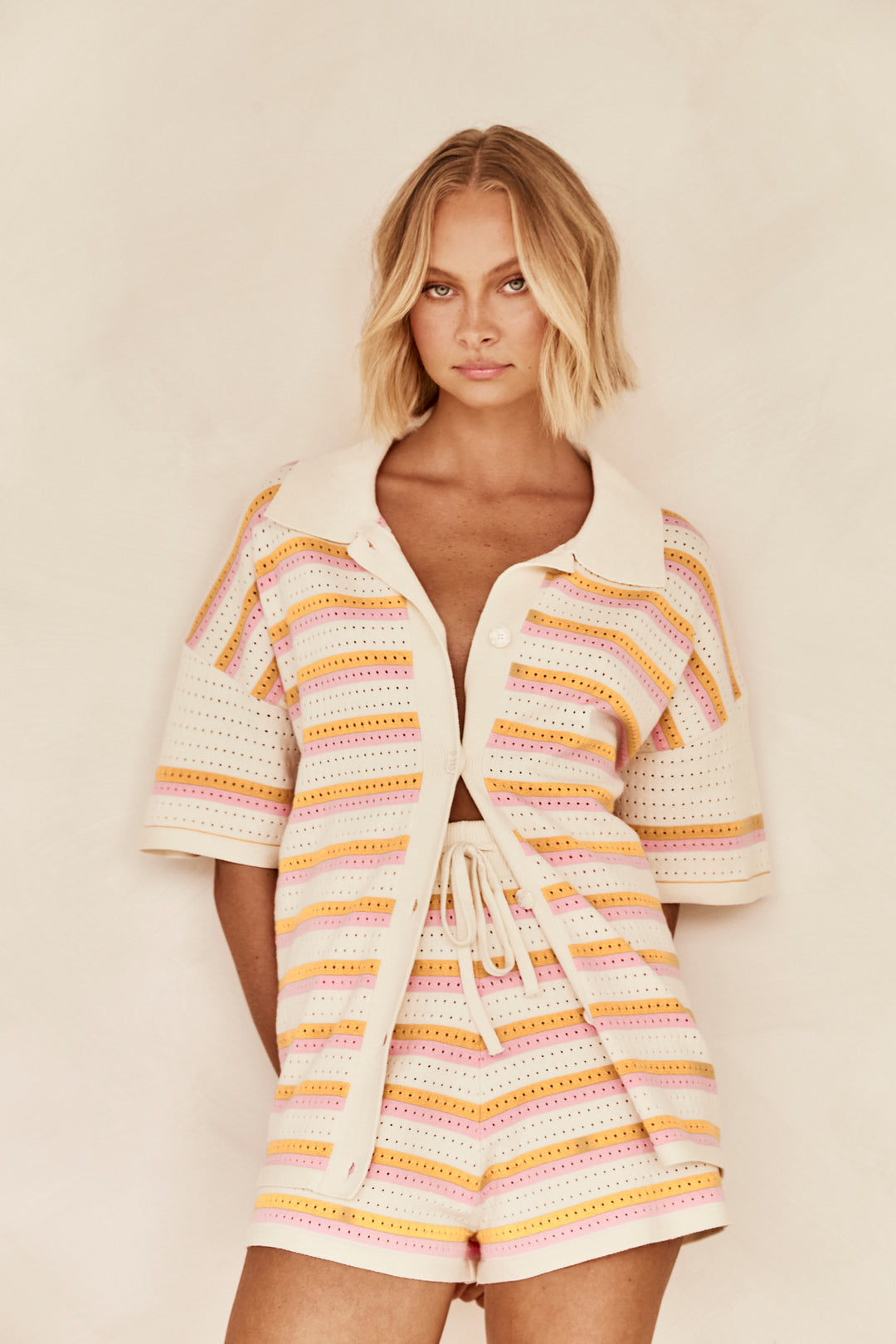 Damen Strickset 2-teilig Hemd Shorts Sommer