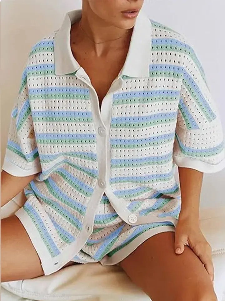 Damen Strickset 2-teilig Hemd Shorts Sommer