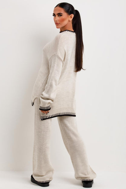 ComfyChic Lounge Set in Beige – Strickset mit Pullover und weiter Hose