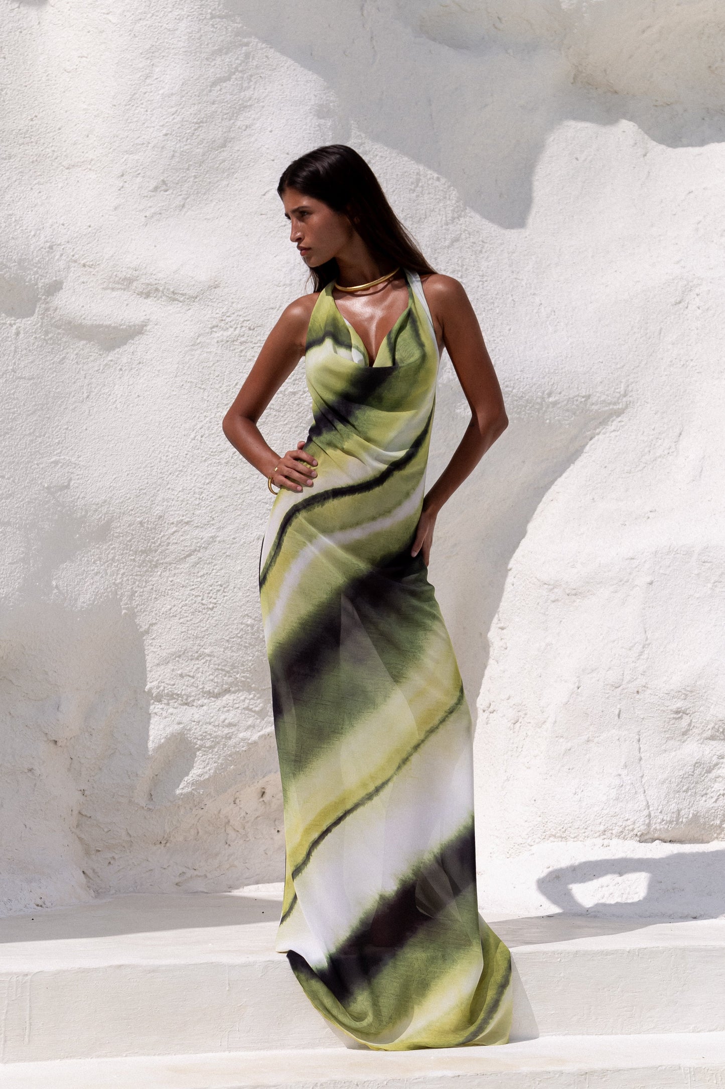 Sommerkleid Lang Neckholder Wasserfallausschnitt Damen