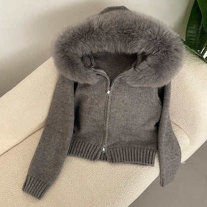 Elegante Strickjacke mit Fellkragen Damen
