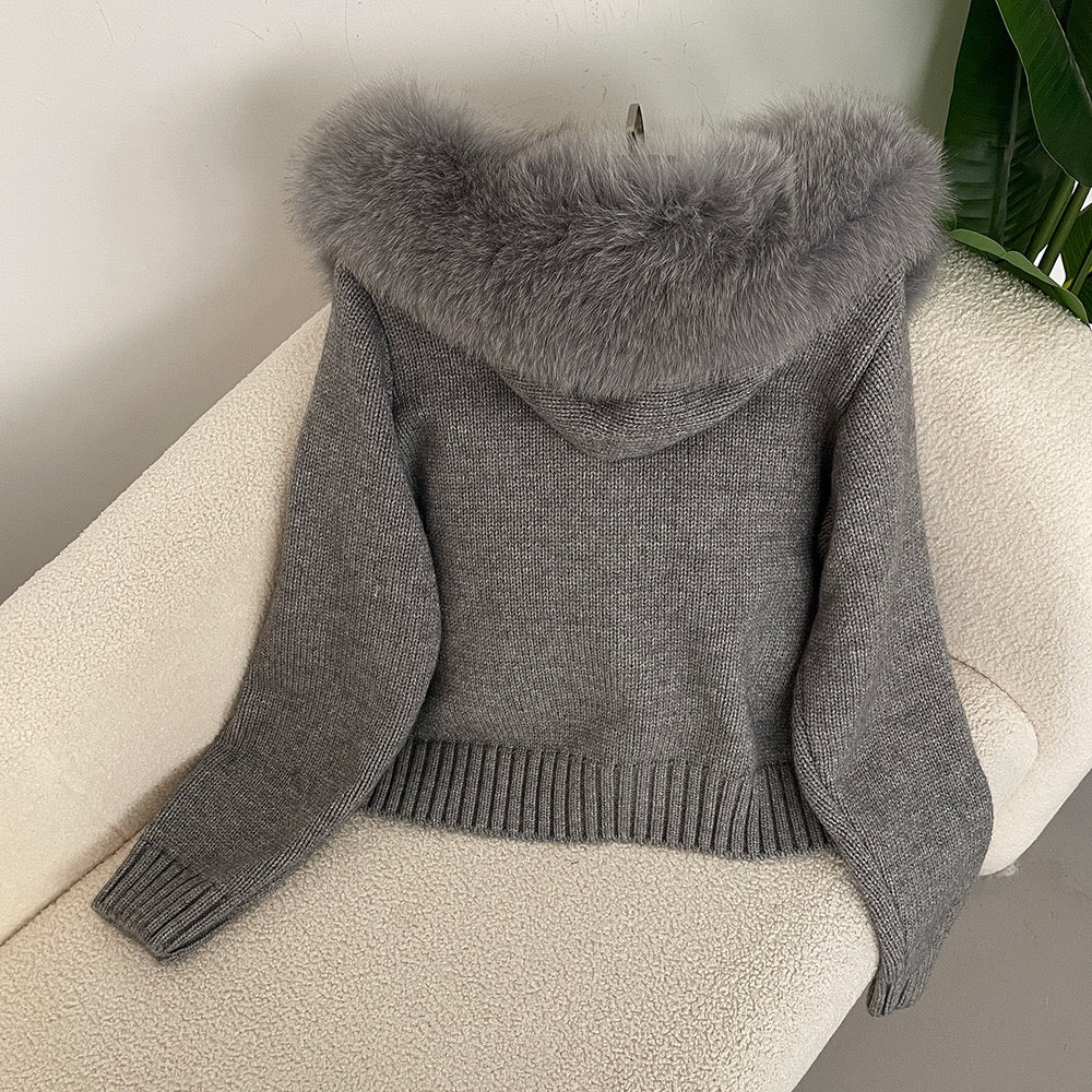Elegante Strickjacke mit Fellkragen Damen