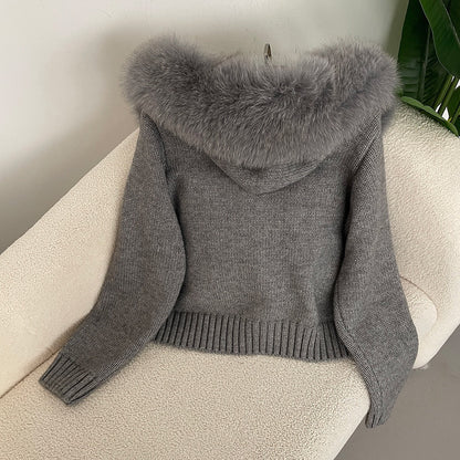 Elegante Strickjacke mit Fellkragen Damen