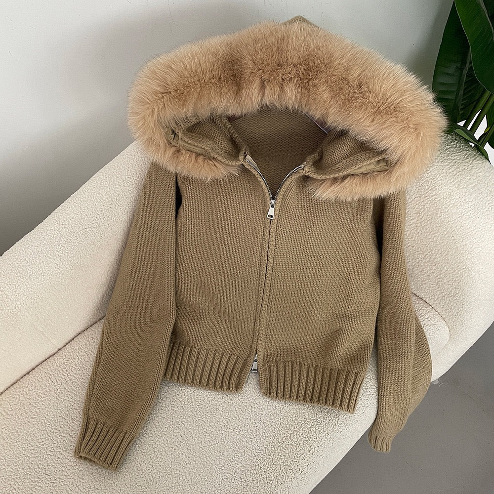 Elegante Strickjacke mit Fellkragen Damen