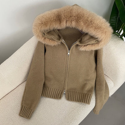 Elegante Strickjacke mit Fellkragen Damen