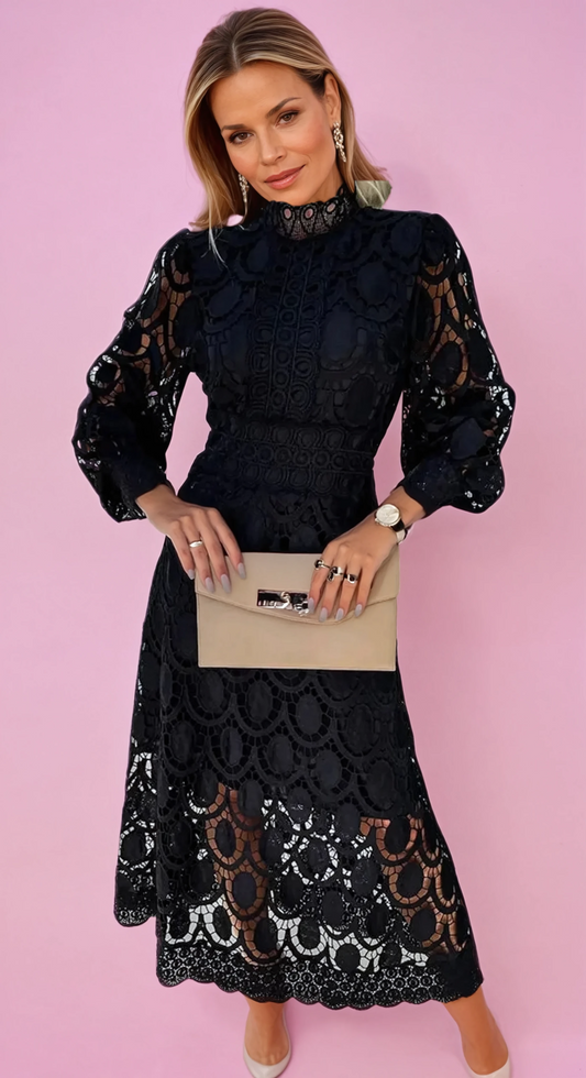 Elegantes Abendkleid Spitze Stehkragen Durchsichtig - BerlinGlamour