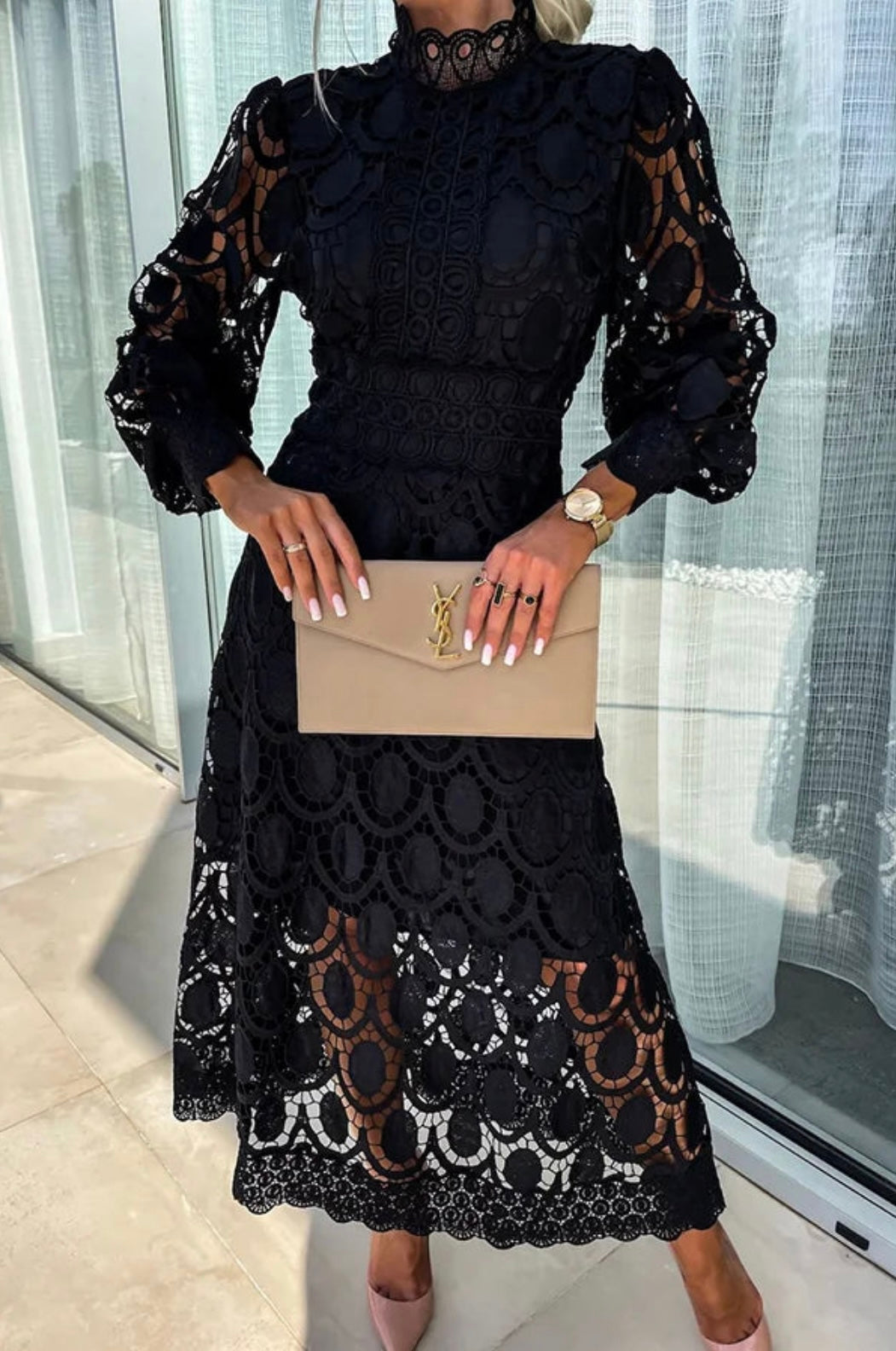 Elegantes Abendkleid Spitze Stehkragen Durchsichtig