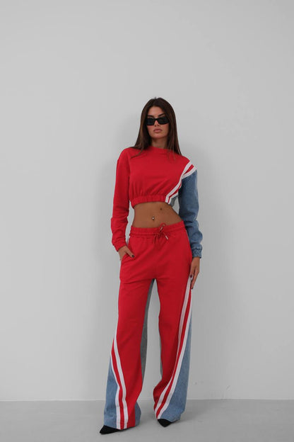 Damen Tracksuit Colorblock Set mit Jeansdetails