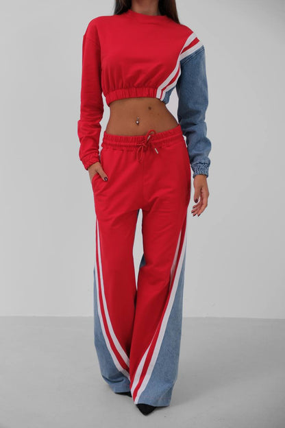 Taliya Tracksuit Damen rot colorblock mit Denimdetails
