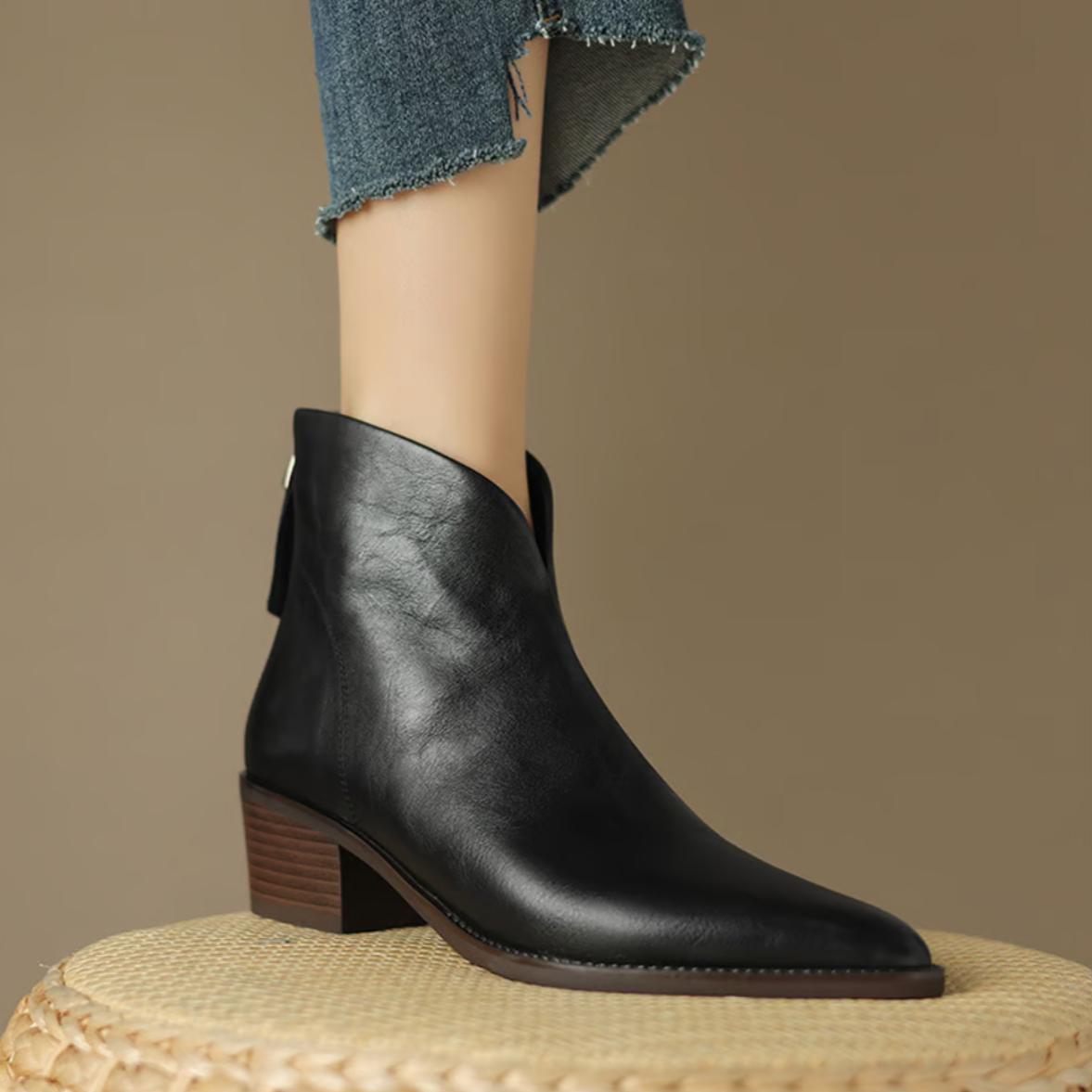 Damen Stiefelette Leder Elegant Blockabsatz Schuhe