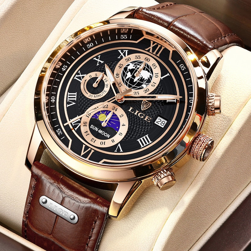 Leder Herrenuhr Chronograph Automatik Edelstahl