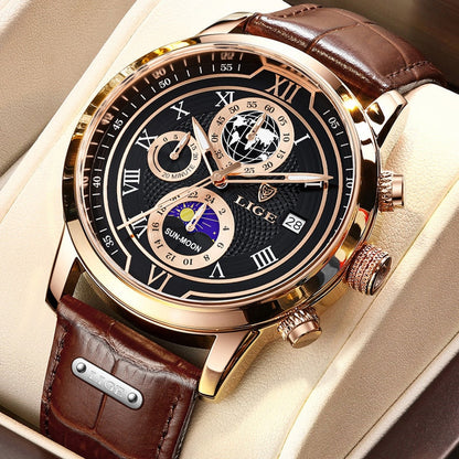Leder Herrenuhr Chronograph Automatik Edelstahl