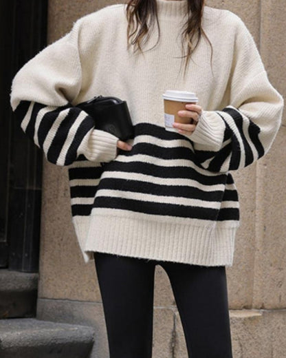 Schwarze Übergröße Strickpullover Hoher Hals Streifen