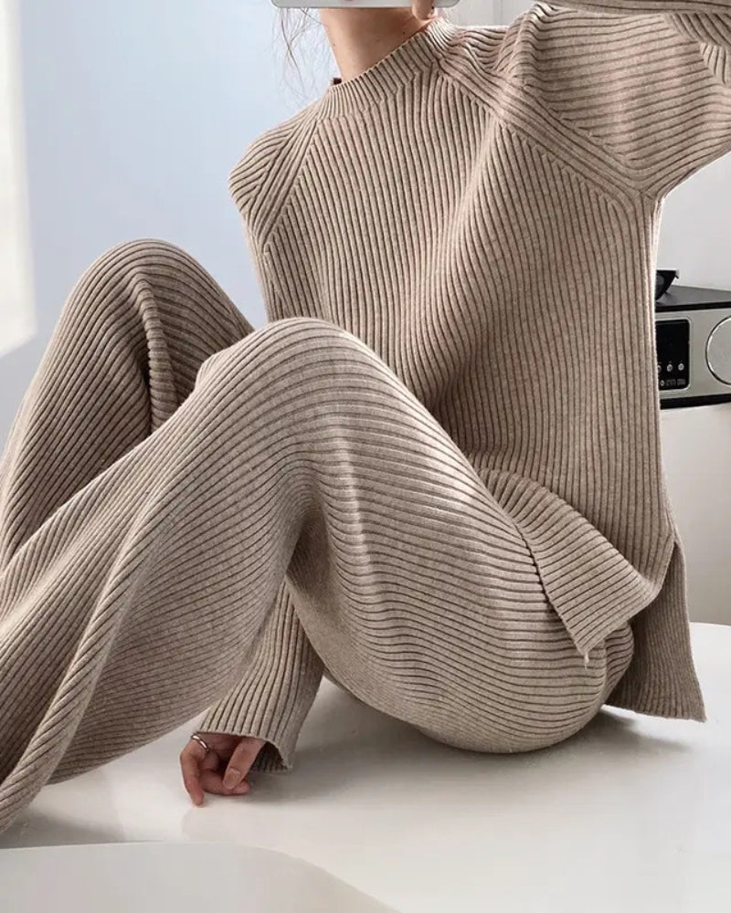 Weite Schlaghosen Set mit Pullover Damen Lounge Zweiteiler