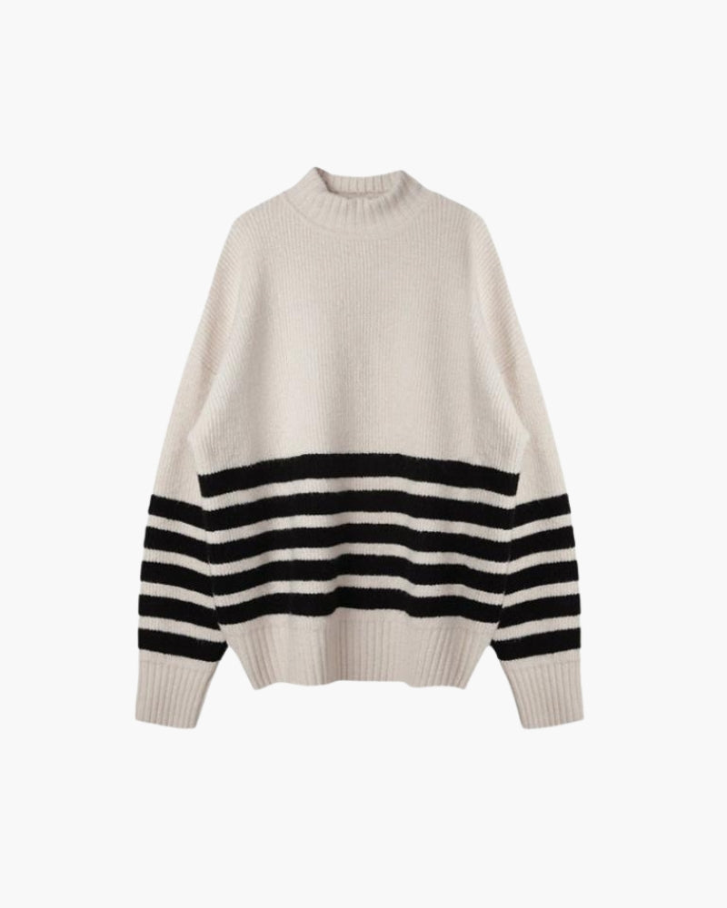 Schwarze Übergröße Strickpullover Hoher Hals Streifen - BerlinGlamour