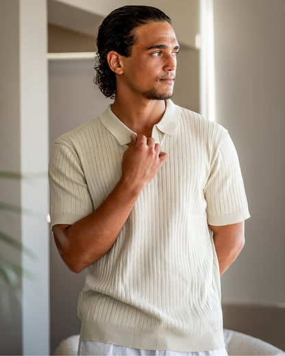 Herren Polo-Shirt Fein Rippenstrick Kurzarm Modern