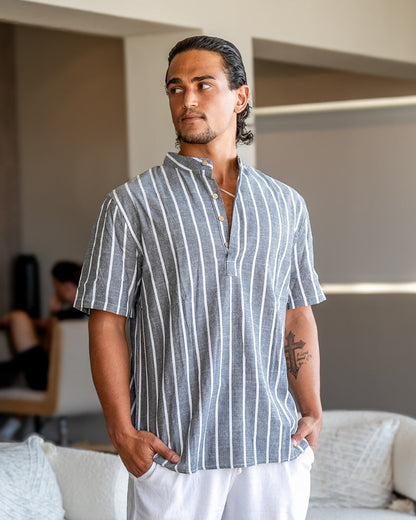 Leinenhemd Herren Sommer Stehkragen Gestreift Modern