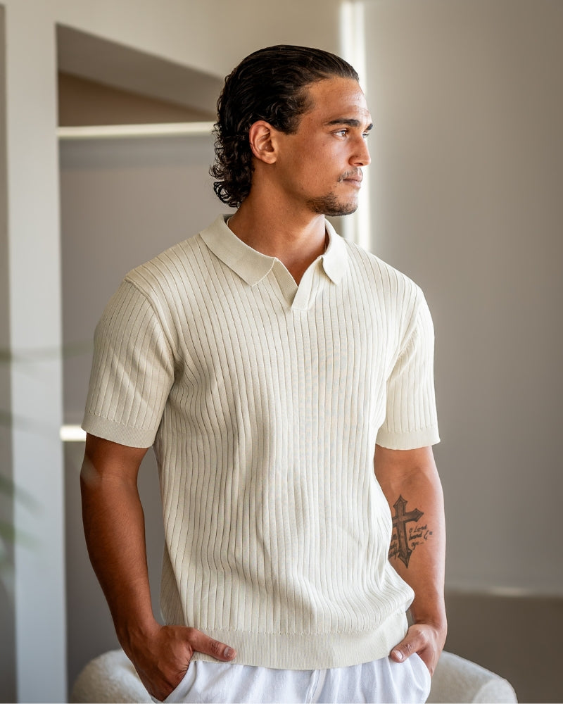 Herren Polo-Shirt Fein Rippenstrick Kurzarm Modern