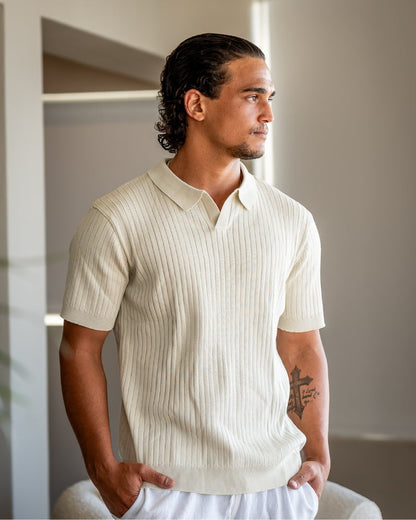 Herren Polo-Shirt Fein Rippenstrick Kurzarm Modern
