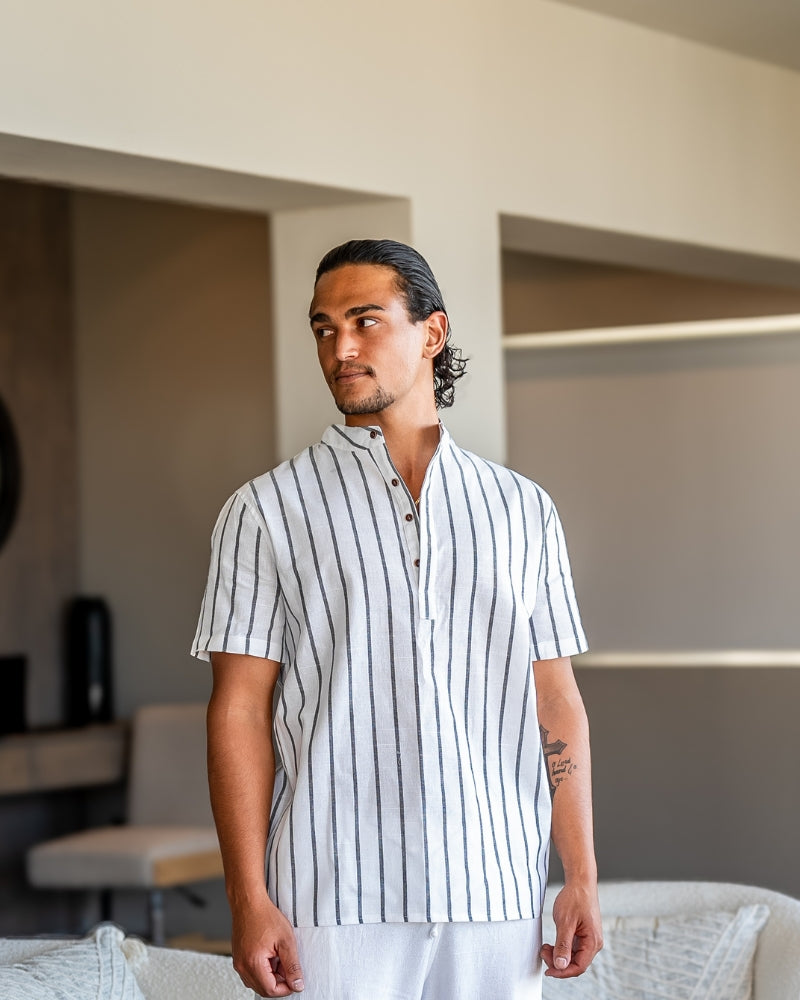 Leinenhemd Herren Sommer Stehkragen Gestreift Modern
