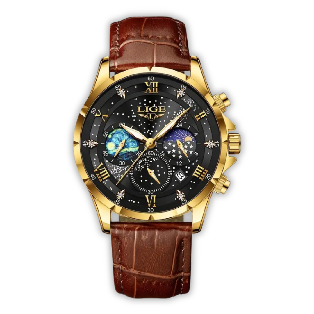 Herren Armbanduhr Mondphase Edelstahl Schwarz