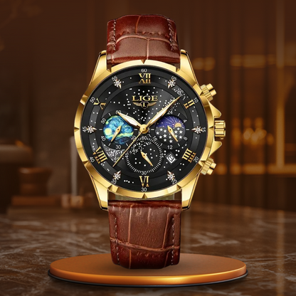 Herren Armbanduhr Mondphase Edelstahl Schwarz