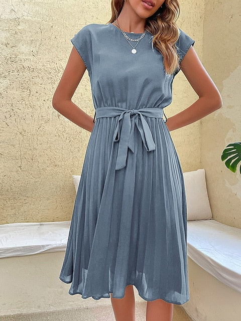 Sommerkleid Plissiert Kurzärmelig Damenkleid