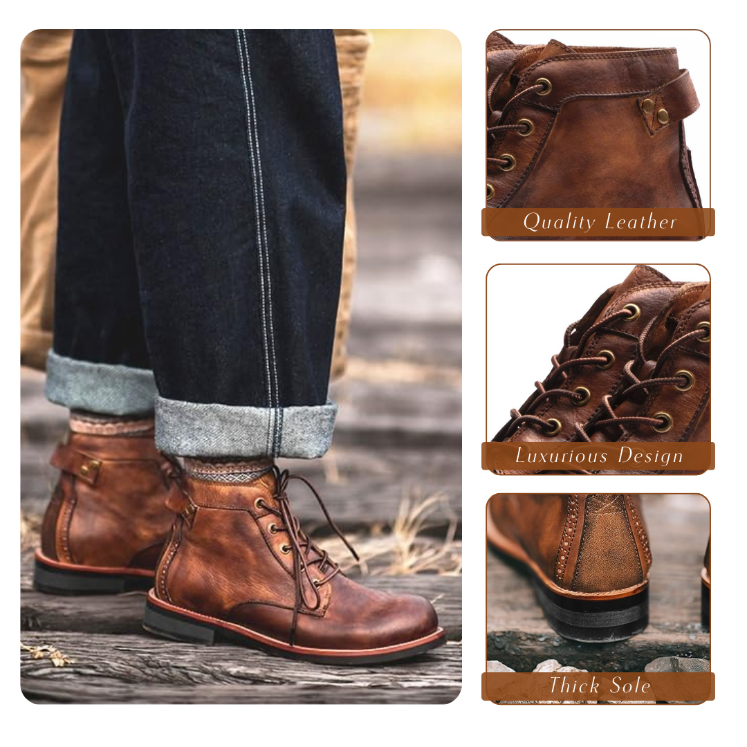 Herren Leder Stiefel Retro Klassisch Braun