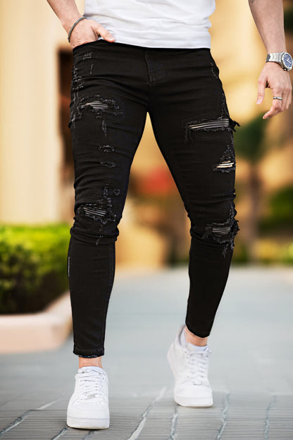 Rippen Jeans Herren Schwarz Skinny Destroyed