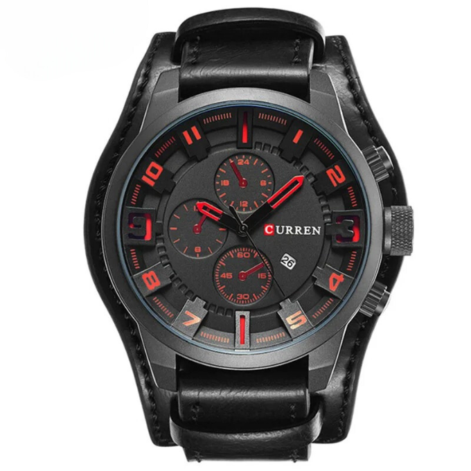 Herren Armbanduhr Chronograph Leder Schwarz Elegent
