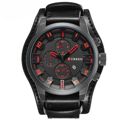 Herren Armbanduhr Chronograph Leder Schwarz Elegent