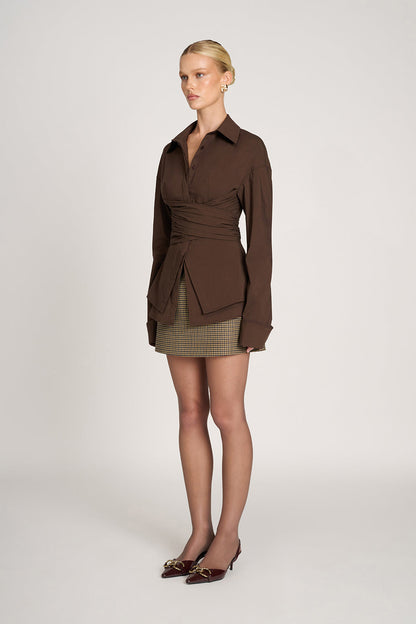 Damen Bluse Oversize Braun mit Drapierung