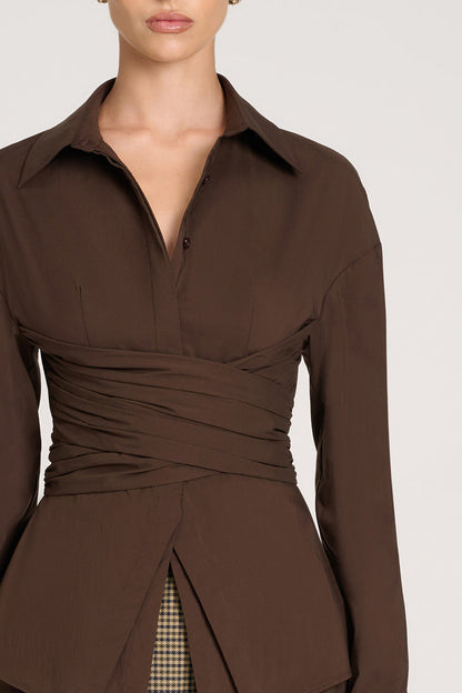 Damen Bluse Oversize Braun mit Drapierung