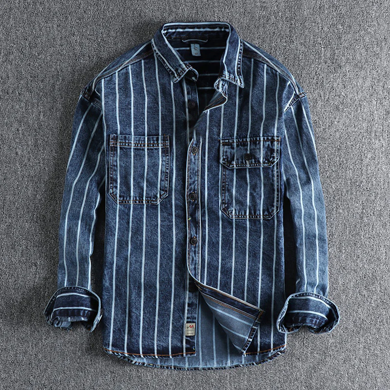 Herren Jeanshemd Langarm Gestreift Klassisch - BerlinGlamour