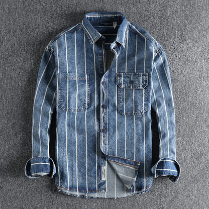 Jeanshemd – gestreift – Langarm – geknöpft – Herrenbekleidung-Hellblau-M-Chaps Herrenmode