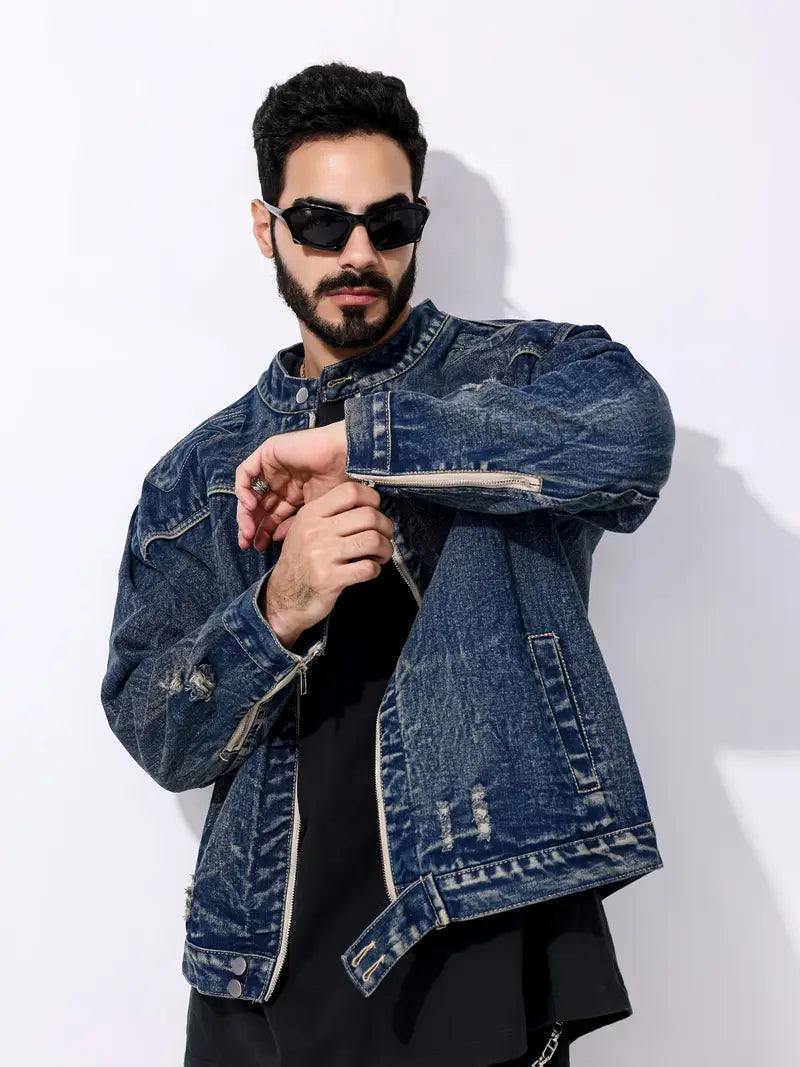 Jeansjacke – Dunkelblaue Jeansjacke mit Reißverschluss für Männer-Chaps Herrenmode
