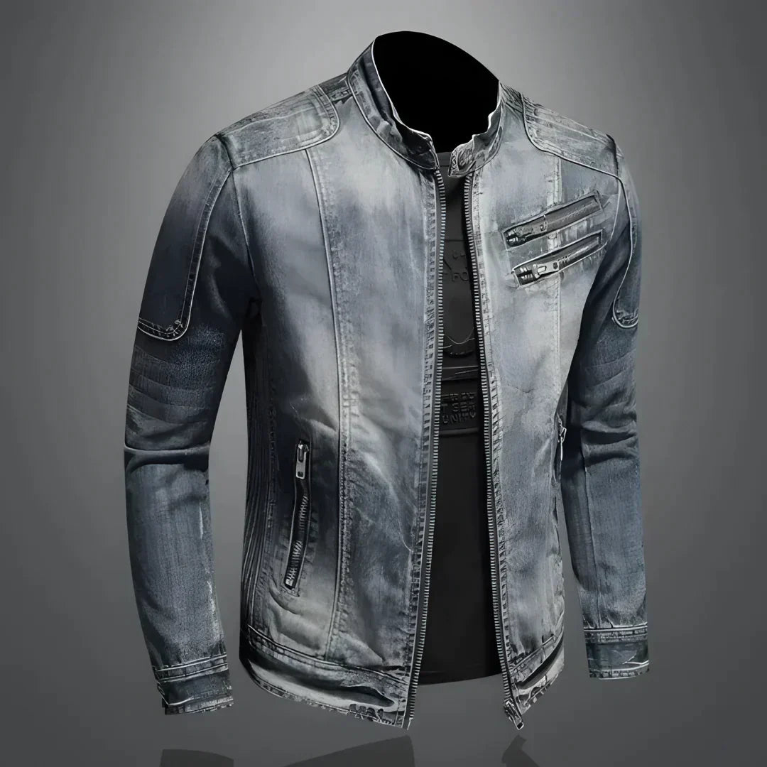 Herren Jeansjacke Slim Fit Reißverschluss Waschblau - BerlinGlamour