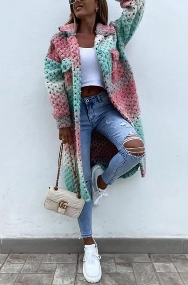 Damen Mantel Mehrfarbig Zopfmuster Lang Winter