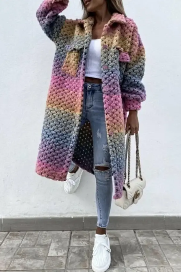 Damen Mantel Mehrfarbig Zopfmuster Lang Winter - BerlinGlamour