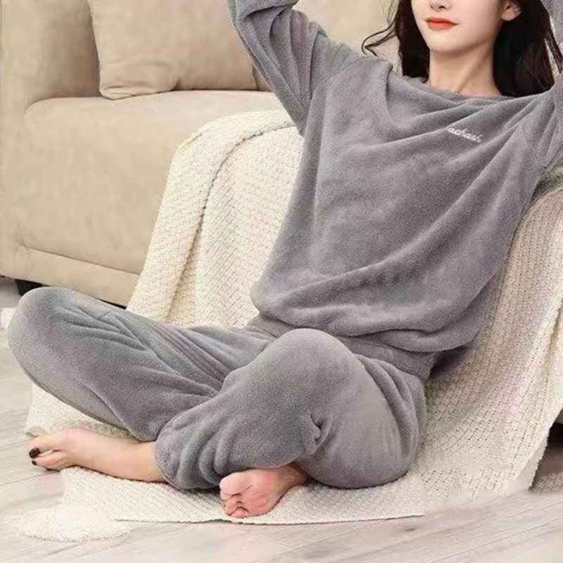 Damen Pyjama Set Warm Plüsch Schlafanzug