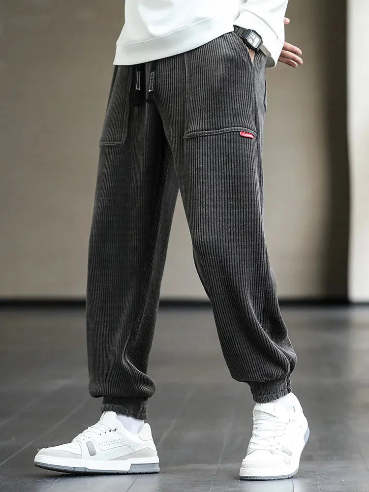 Jogger - Herren Kordhosen mit Kordelzug Lose Passform Baggy Corduroy Hosen-Grau-M-Chaps Herrenmode