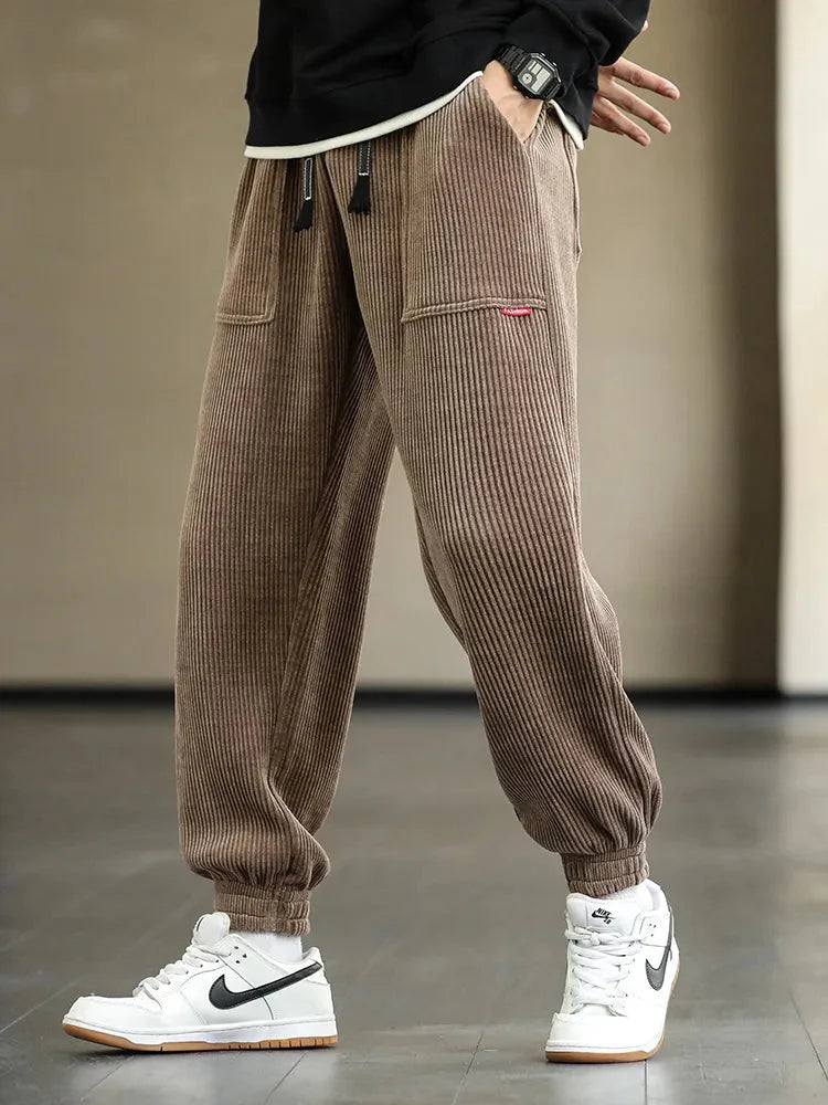 Jogger - Herren Kordhosen mit Kordelzug Lose Passform Baggy Corduroy Hosen-Khaki-M-Chaps Herrenmode