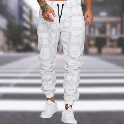 Jogger | Kordelzug | elastische Knöchel | karierte Hose | Herrenhose-Weiß-S-Chaps Herrenmode