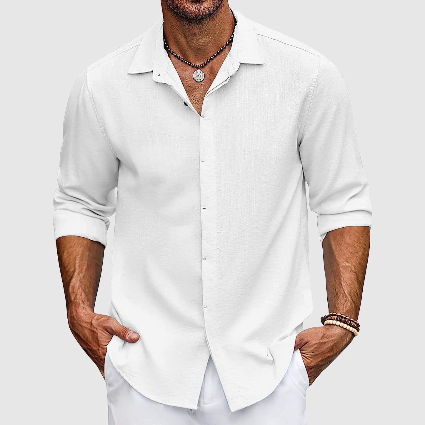 Herren Leinenhemd Elegantes Sommerhemd Weiß